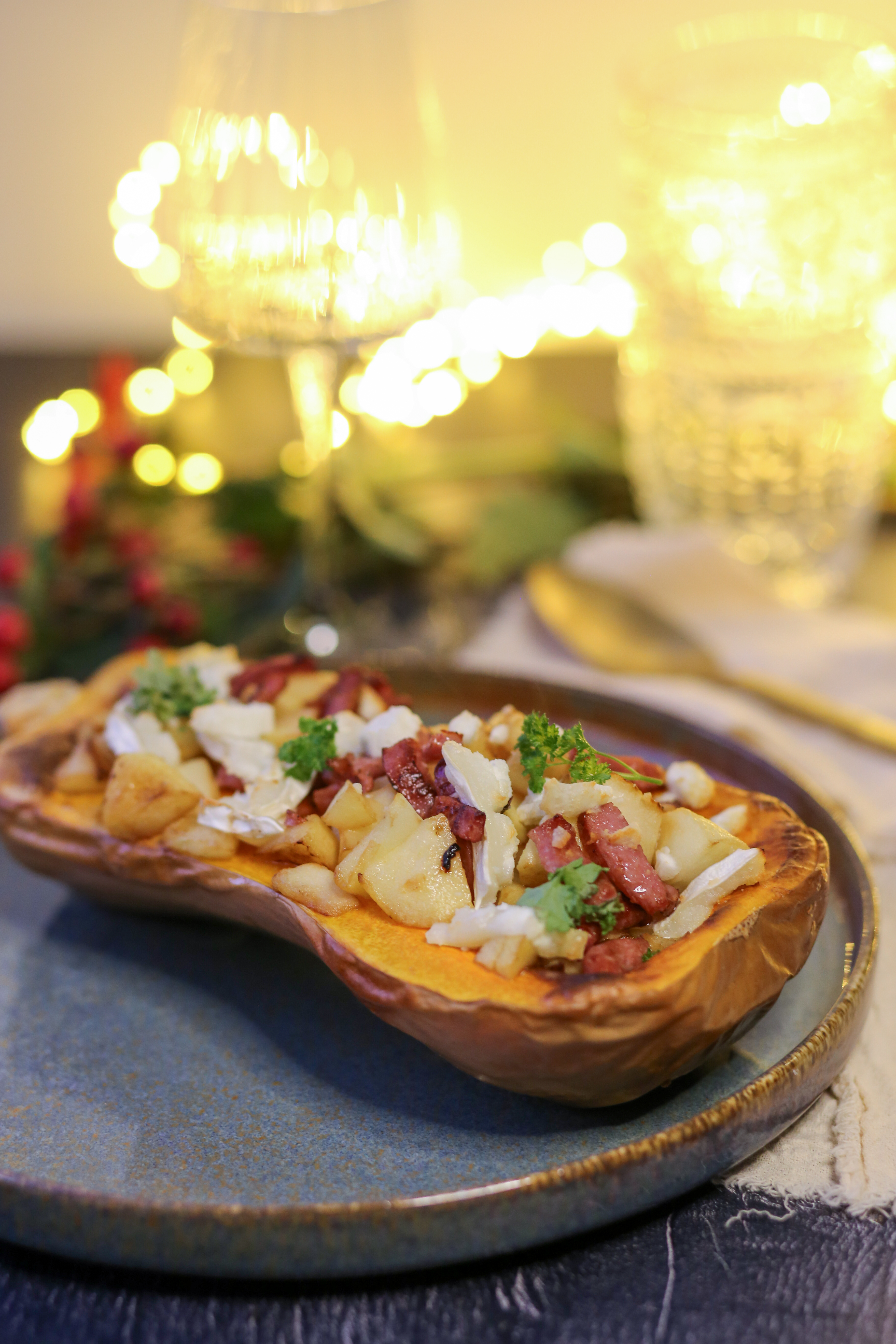 Kerstbutternut met appel, spek en geitenkaas